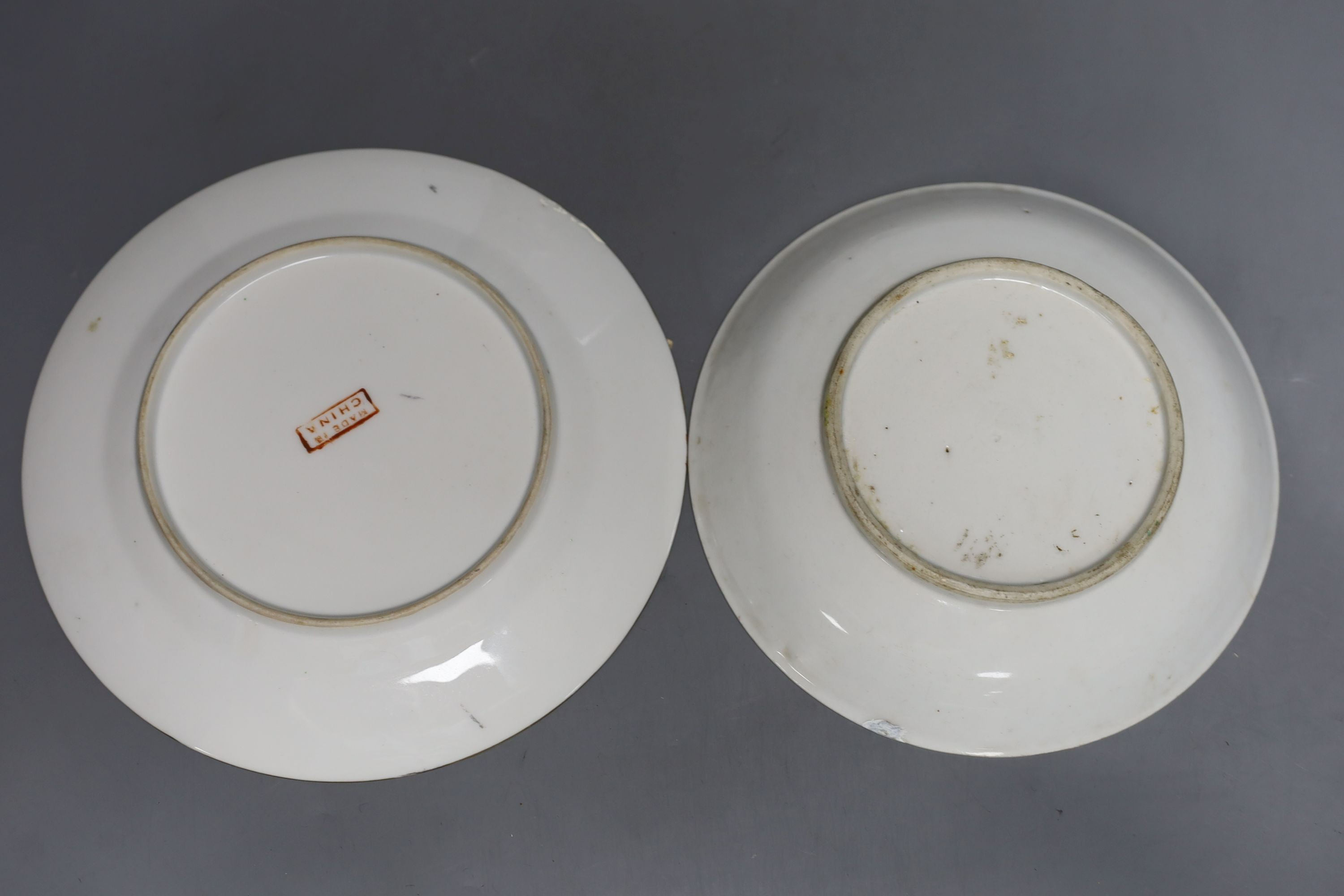 A Chinese blanc de chine figure of Guanyin, probably 18th century and two famille rose plates. Tallest 26cm